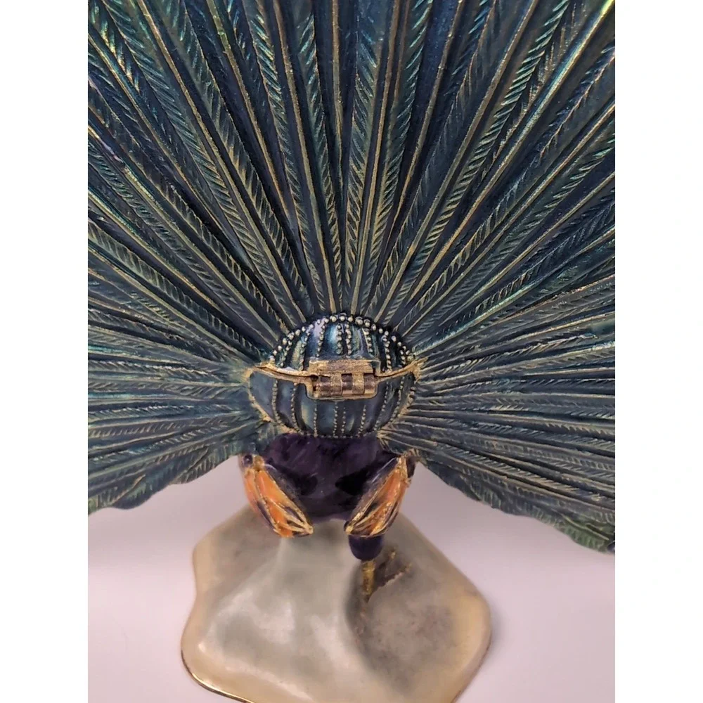 Sorelle Peacock Trinket Box Gold tone Hinged Storage Colorful Bejeweled